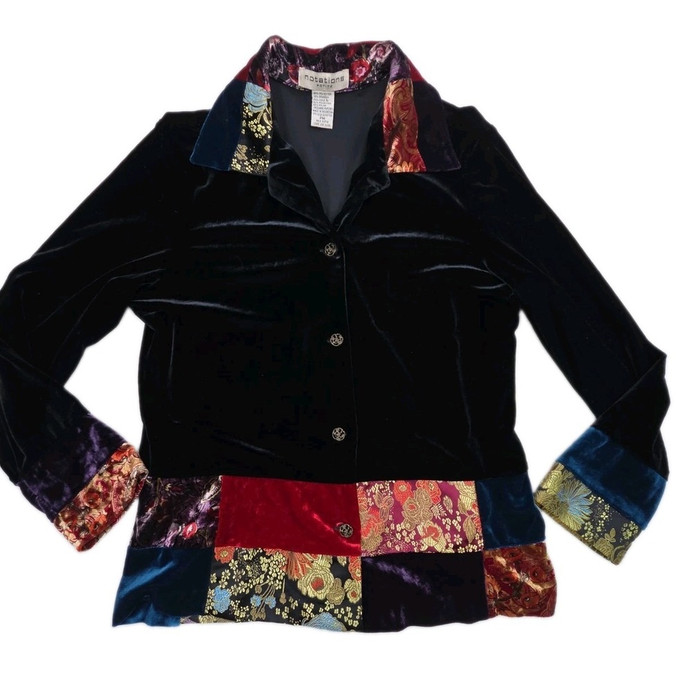 Vintage Patchwork Velvet Jacquard Asian Floral Embroidered Blazer Jacket Size PM